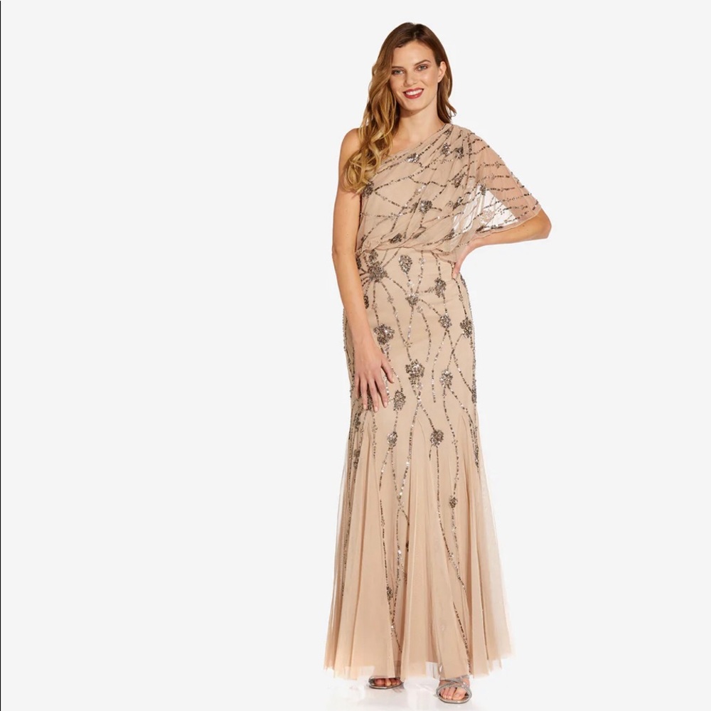 ONE SHOULDER BEADED GOWN IN NUDE